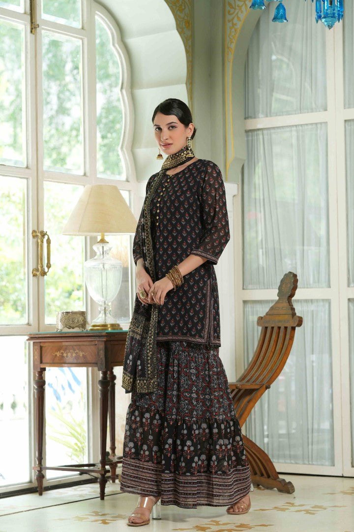 Women's Black Georgette Floral Print Sharara Set