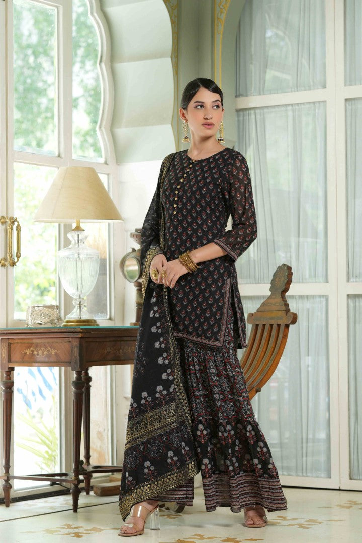 Women's Black Georgette Floral Print Sharara Set