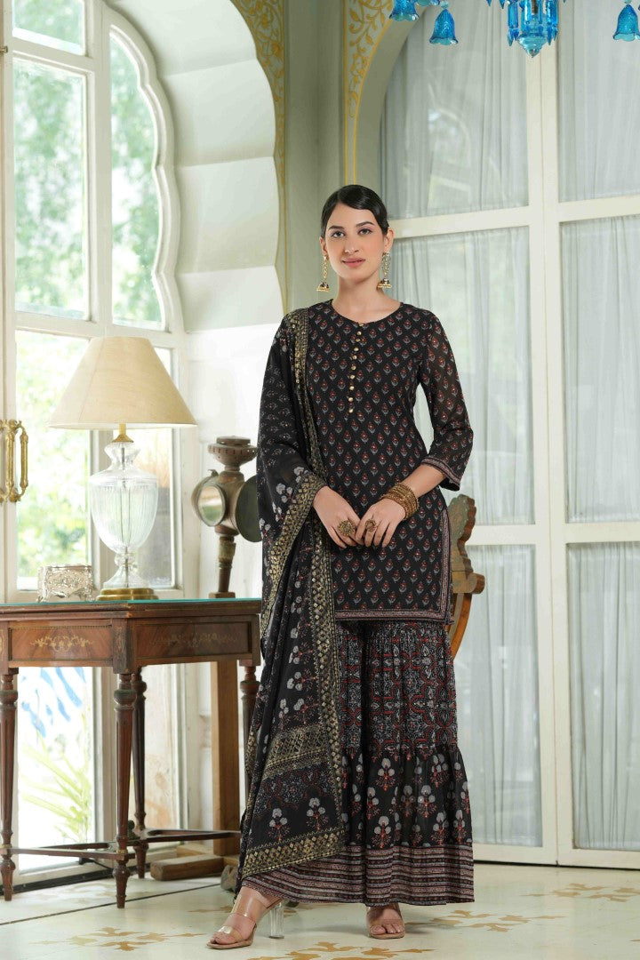 Women's Black Georgette Floral Print Sharara Set