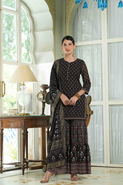 Women's Black Georgette Floral Print Sharara Set
