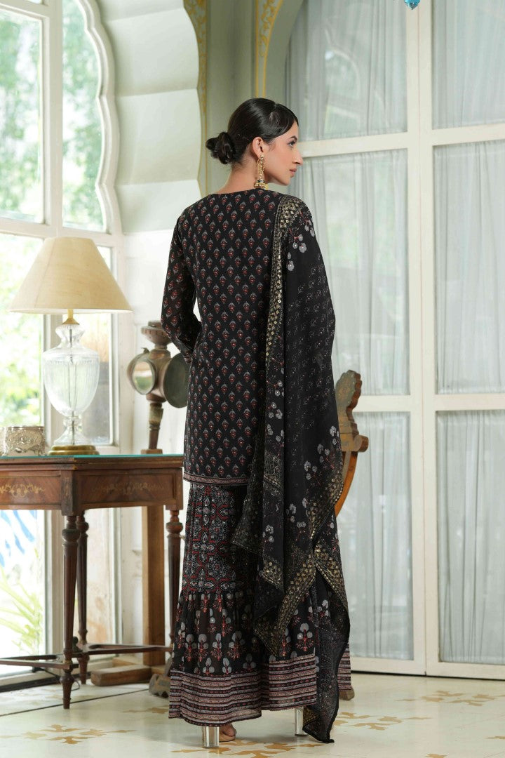 Women's Black Georgette Floral Print Sharara Set