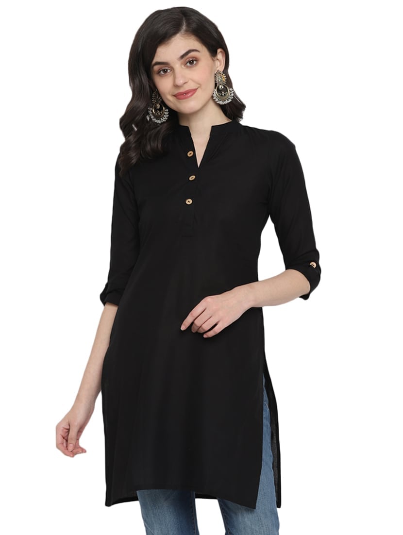 Black Solid Cotton Straight Kurta