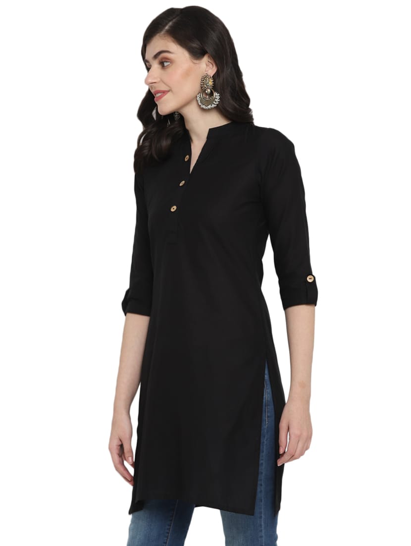 Black Solid Cotton Straight Kurta