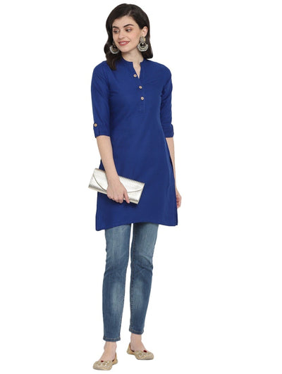 Blue Solid Cotton Straight Kurta