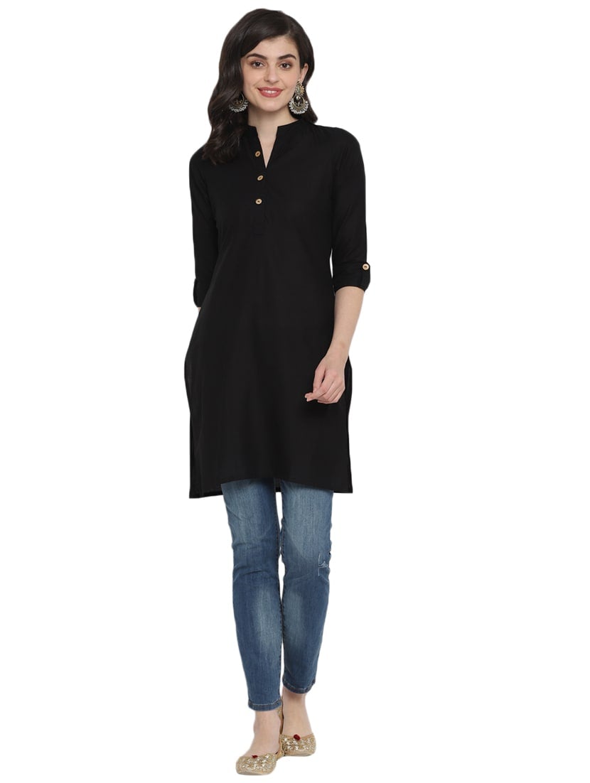 Black Solid Cotton Straight Kurta